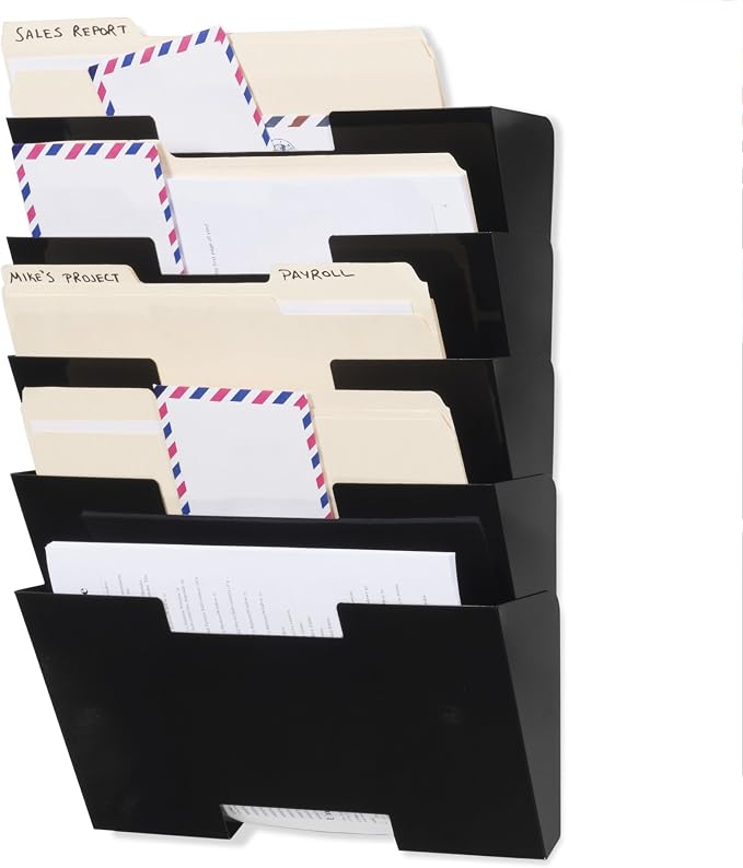 Wallniture Lisbon Wall Mounted File Holder Organizer, 5-Tier Metal Office Organization and Storage Rack, Wall Mount File Holder, Magazine Holder and Office Decor, Black