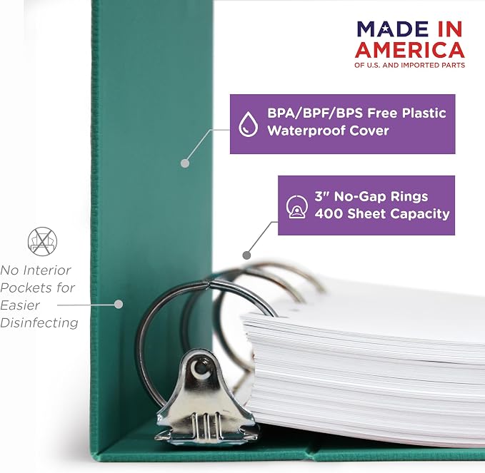 Carstens 3-Inch Heavy Duty 3-Ring Binder - Top Opening, Teal, Durable Plastic, Precision No-Gap Rings, Waterproof Cover, No Pockets, Holds 400 US Letter Sheets, BPA-Free, Made in USA (1715-3R)