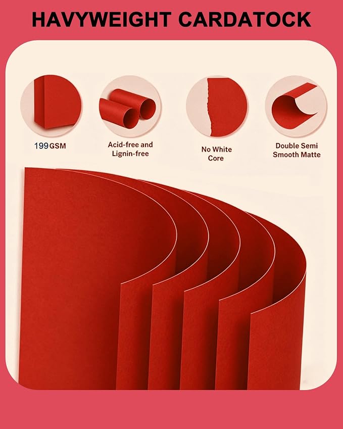 Veritas Red Cardstock 8.5 x 11 Letter Size, 110LB/199GSM Heavyweight Colored Card Stock Printer Paper, 100 Sheets Thick Red Cardstock for Printing, Copy, Invitations, Crafts, DIY Projects