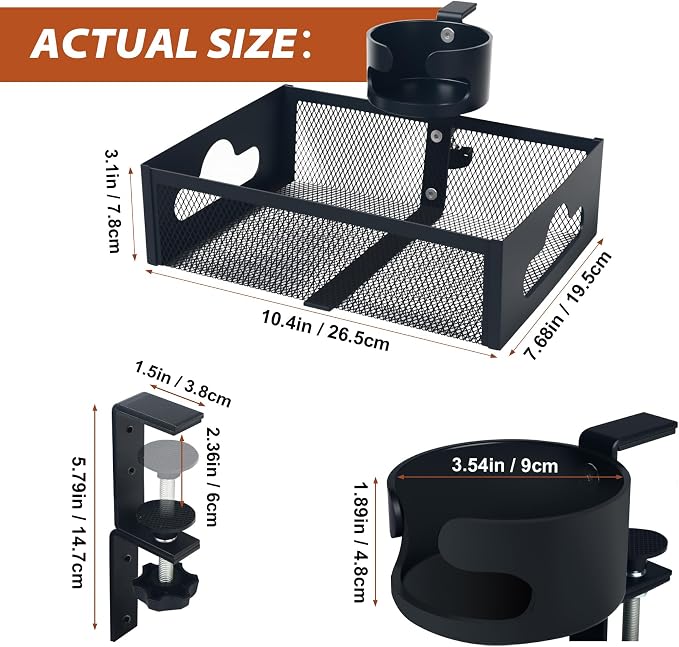 Under Desk Organizer 360° Swivel with Cup Holder,Holds Up to 7lbs | 360° rotation,no-drill clamp,holds up to 7lbs, cup holder,mesh storage,office/kitchen/art use