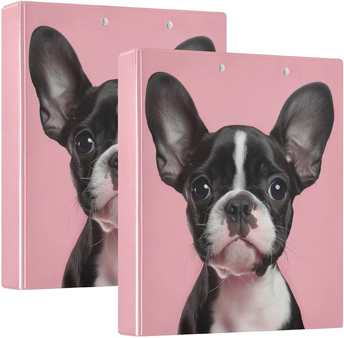 3 Ring Binder 1.5 Inch Boston Terrier Puppies Dog Pink Clipboards Binders with Interior Pockets Round Ring Binder for Office Supplies and School 1 Pack