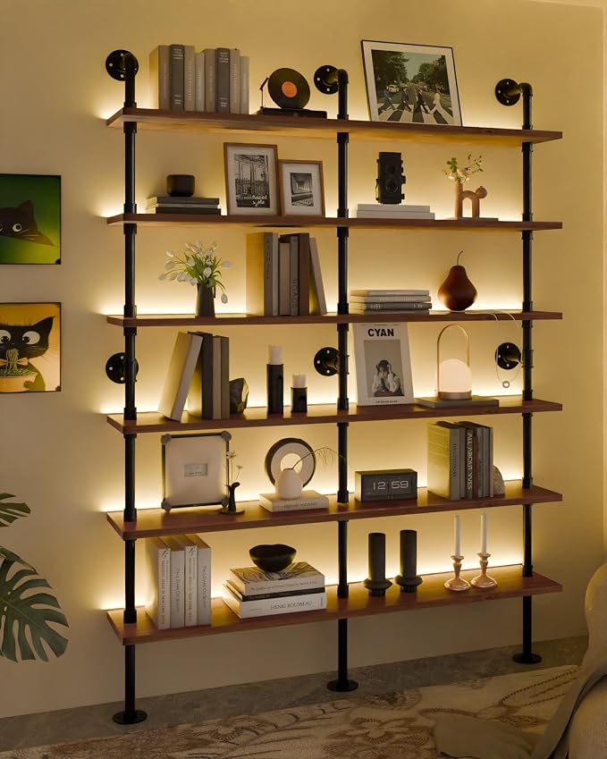6-Tier LED Ladder Shelf, Wall Mounted Pipe Bookshelf, Walnut Brown 60 Inch | Solid pine 6-tier wall mounted pipe bookshelf with warm LED lights, 70 lb shelves, for books, plants and decor