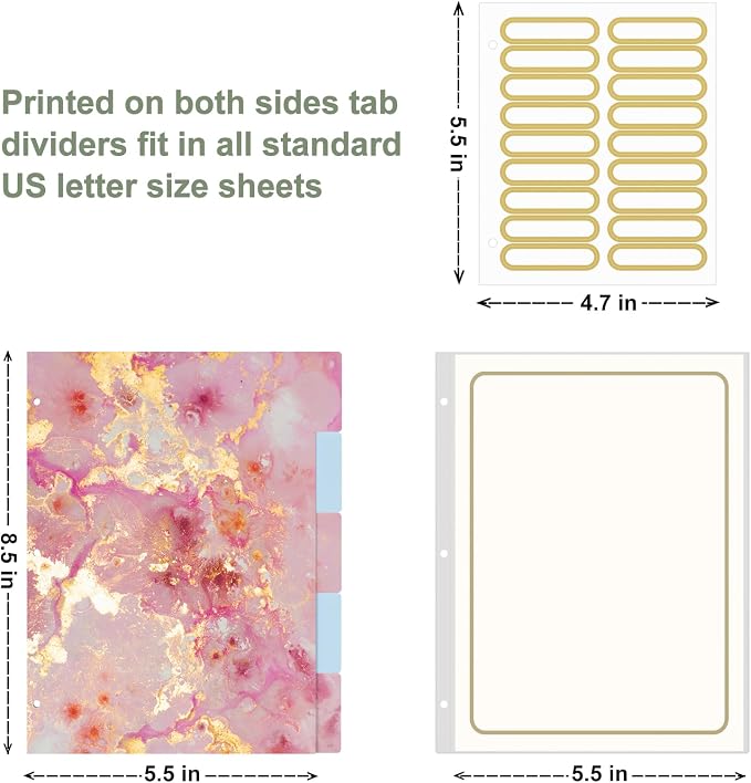 Rouidr Mini 3 Ring Binder with Clipboard, 1 inch Round 8.5 x 5.5 in Cute Binders Organizer with 5 Dividers Tabs & Clear Sleeves, School Supplies, Office Supplies, Pink Marble