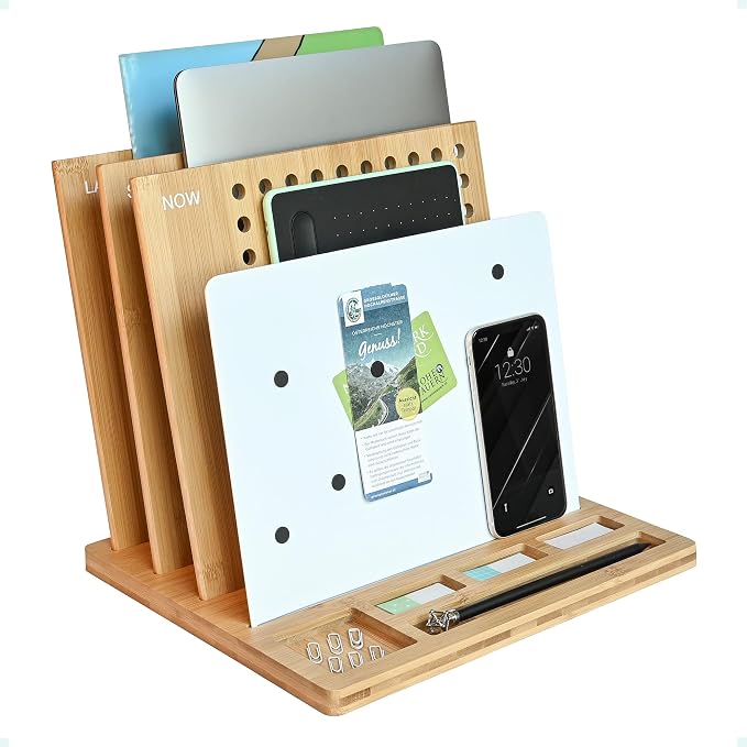 Bamboo Wood Desk Organizer: 3-Tier File Holder, Mail Organizer, Non-Slip Design, Effortless Assembly, Perfect for Desk System