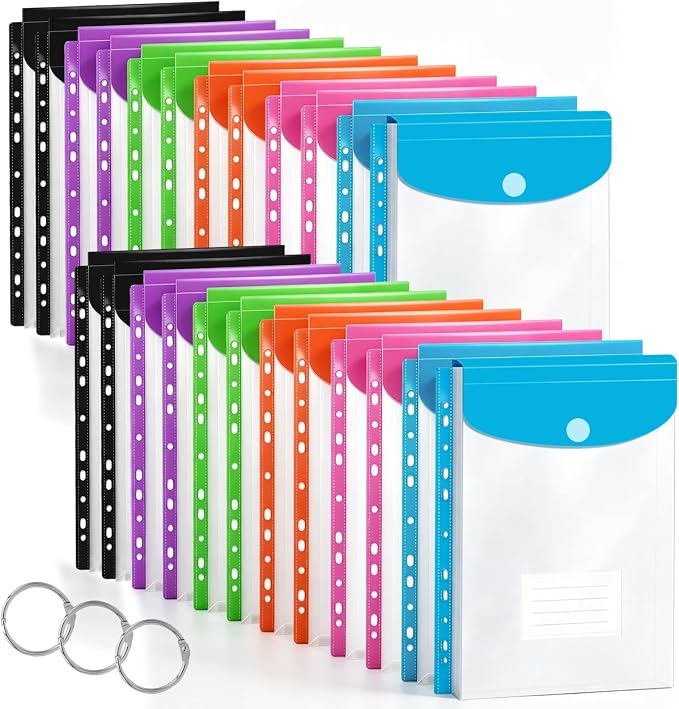 24 Pack Binder Folders with Pockets 11 Holes Expandable Dividers for 2/3/4 Ring Document Pouch with Label Loose-Leaf Transparent Binder Organizer for School Home Office