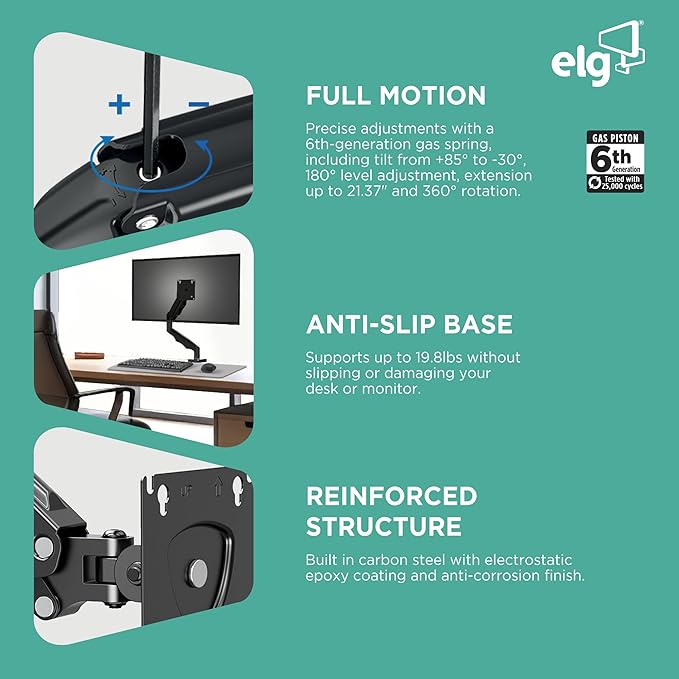 ELG Gas Spring Monitor Arm, Full Motion, 20.9" Reach, 17-35" Screens 19.8 lbs, +85°/-30° Tilt, 360° Rotation, C-Clamp & Grommet, VESA 75x75 to 100x100mm, Cable Organizer, Black