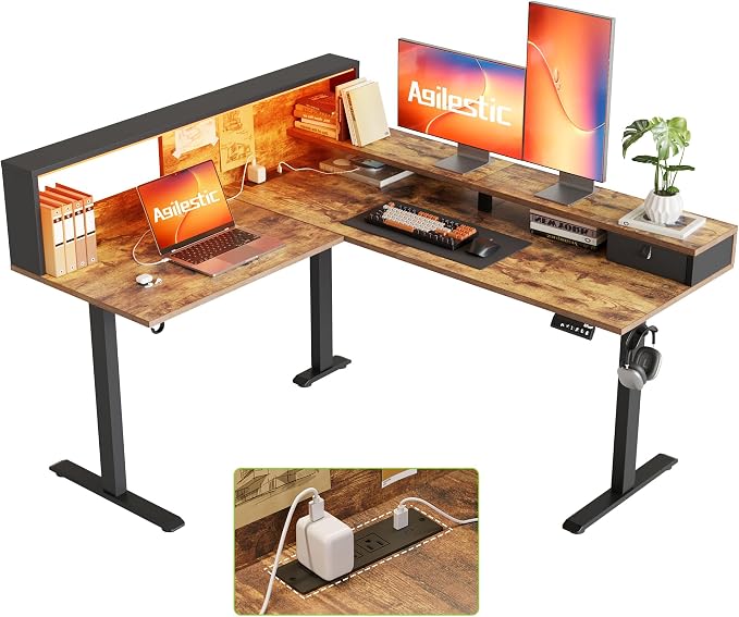 Agilestic 63 Inch L Shaped Electric Standing Desk with Led, Rustic Brown | Modular Storage System, Outlets & LED, Corner Desk, Memory Presets, Hooks, Stable Steel Frame, 176 lbs