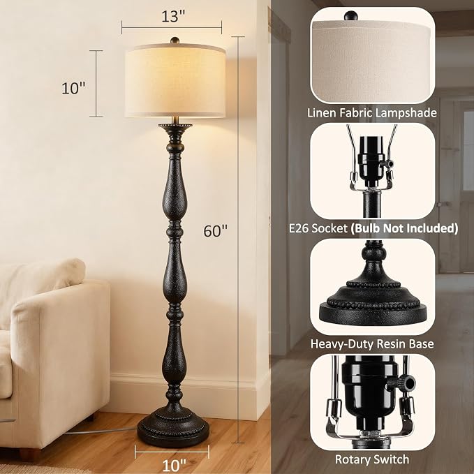 Vintage Floor Lamp for Living Room, Rustic Farmhouse Standing Lamp with Rotary Switch and Linen Shade, Retro Resin Floor Lamp for Bedroom, Corner, Dining Room, House Decor, Black