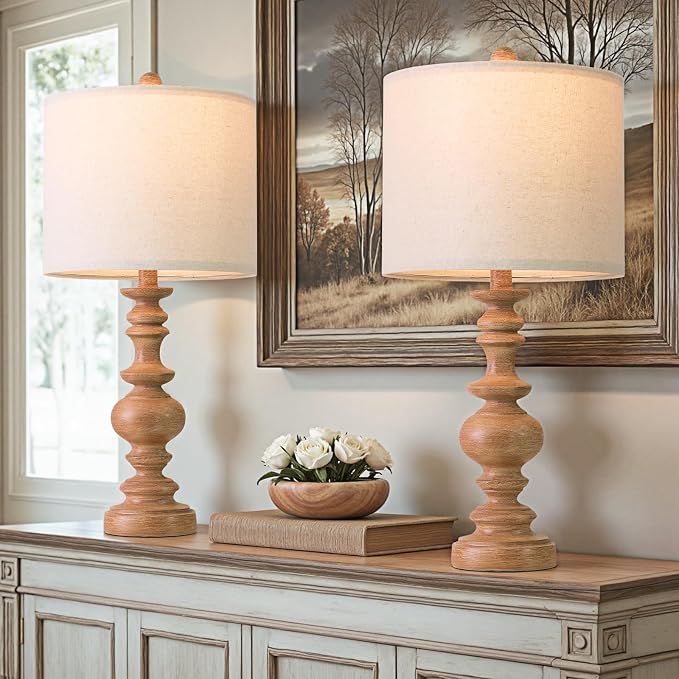 BOBOMOMO 24" Farmhouse Table Lamps Set of 2 – Rustic Light Brown Resin Bedside Lamps with Linen Shades, Medium Size Nightstand Lamps for Bedroom, Living Room, and Entryway, Ideal for Warm, Cozy Spaces