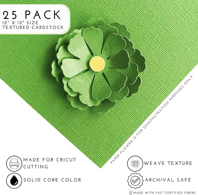 BRIGHT GREEN—12x12 Textured Cardstock | 80lb Textured Green Scrapbook Paper | Premium Cardstock for Cricut Cutting | 25 Sheets
