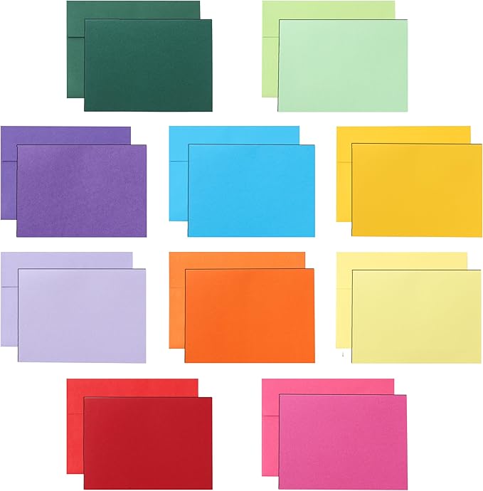 Silunkia 10 Assorted Colors Blank Cards and Envelopes 4.25 x 5.5 Heavyweight Single Panel Cardstock and A2 Envelopes Self Seal 20 Packs for Wedding Invitations, Greeting Cards, Thank You Cards, Party