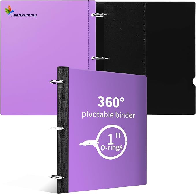 360 Degree Pivotable Binder, Upgraded 3 Ring Binder 1 inch, Flexible Binders 3 Ring, Foldable Three Ring Binders- Purple