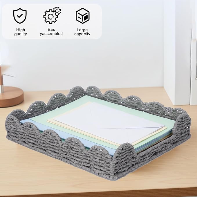 Woven Letter Tray, Paper Tray Organizer for Papers, Documents, Folders, Notebooks, and Stationery, Magazine File Holder, Mail Basket, Desk Organizers and Accessories, Office School Home Storage, Gray