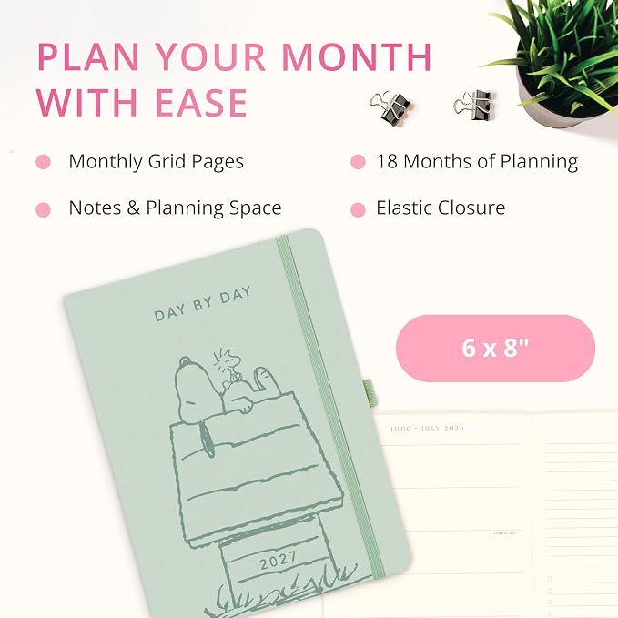 Graphique Peanuts House 18 Month Planner, July 2026 – Dec. 2027, Hardbound Vegan Leather Planner with Monthly Tabs, Holidays & Reminder Stickers, 6” x 8”