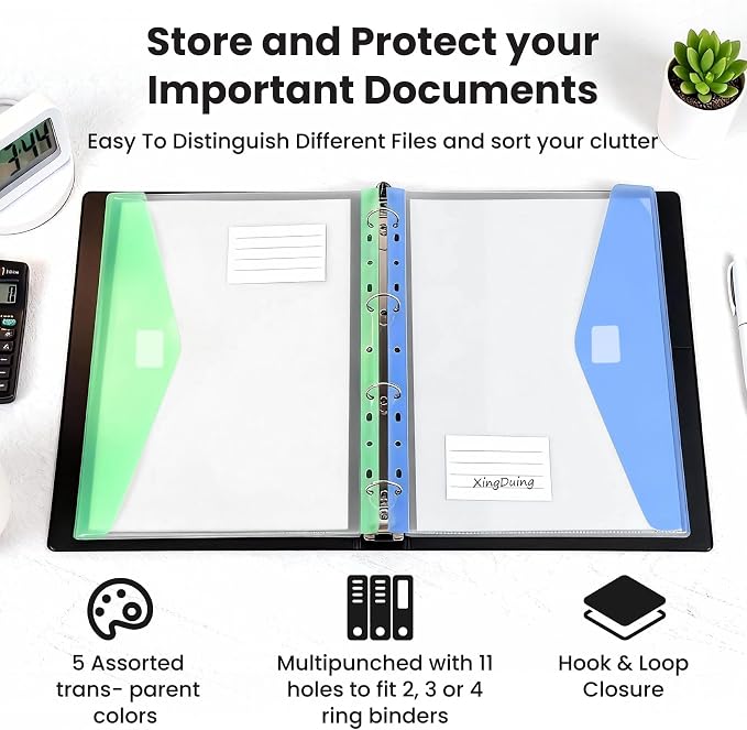 11-Hole Binder Pockets, Fits Letter/A4 Size for 2/3/4 Ring Binder, 30 Pack | Plastic Expanding File Folders with Label & Hook-Loop Closure, 200-Sheet Capacity, Suitable for Home, Office, School