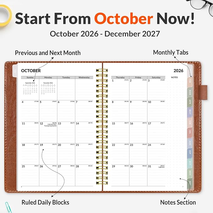 SUNEE 2027 Weekly & Monthly Planner 6.2"x8.5"- 12 Month (January 2027 - December 2027), Vegan Leather Cover, Pocket, Bookmark, Notes, Monthly Tab, Brown