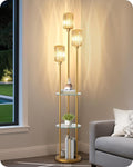 Gold Floor Lamp with Shelves, Modern Floor Lamp with 3 Crystal Shades and Foot Switch, 3-Light Standing Lamp with 3 Shelves, for Living Room, Bedroom, Study, Office, Gold D53LD05