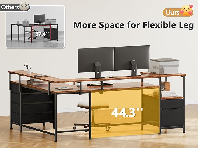 Furologee 66'' L Shaped Computer Desk with 6 Drawers & LED, Rustic Brown | Reversible Large Corner Desk with Printer Storage Shelves,LED Lights,Monitor Stand for Home Office,Working Writing Study