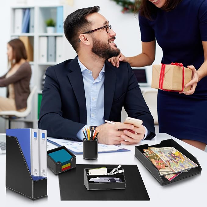 Office Supplies PU Leather 6-Piece Set Desk Organizer,Include Writing Pad,Letter Tray,file folder Sorter/Magazine Holder,Pen Cup,Note Holder,Business Card Holder,Man/Woman Office Gift,Black