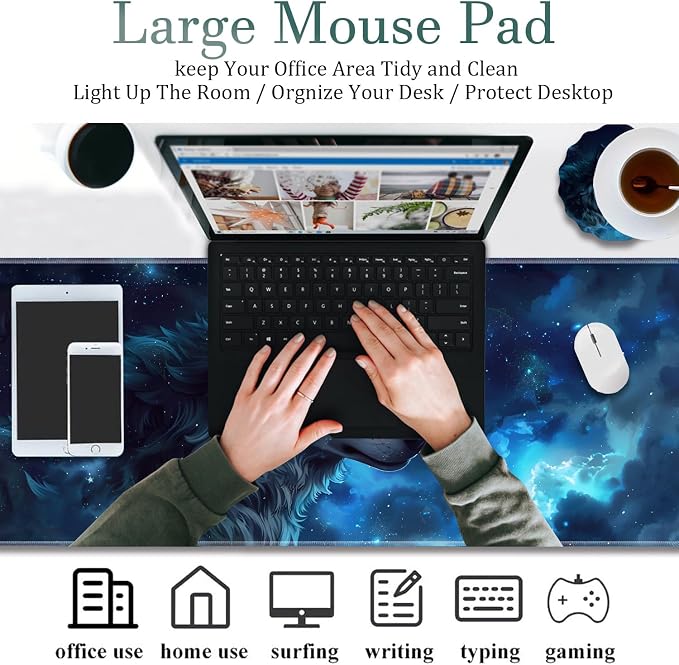 Extended Gaming Mouse Pad 31.5" x 11.8", with Edge Stitching, Non-Slip Rubber Base Keyboard Pad, Suitable for Work, Game, Office, Home and Coasters, Starry Sky Wolf