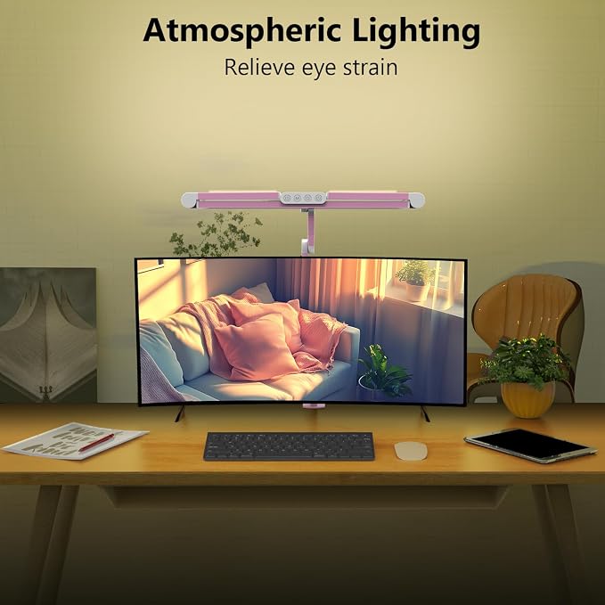 Architect Desk Lamp for Home Office, Pink Desk Lamp with Clamp for Working, 24W Bright Rotatable Led Table Light Stepless Dimming Tempering Wide Computer Light for Crafting Puzzle Hobby