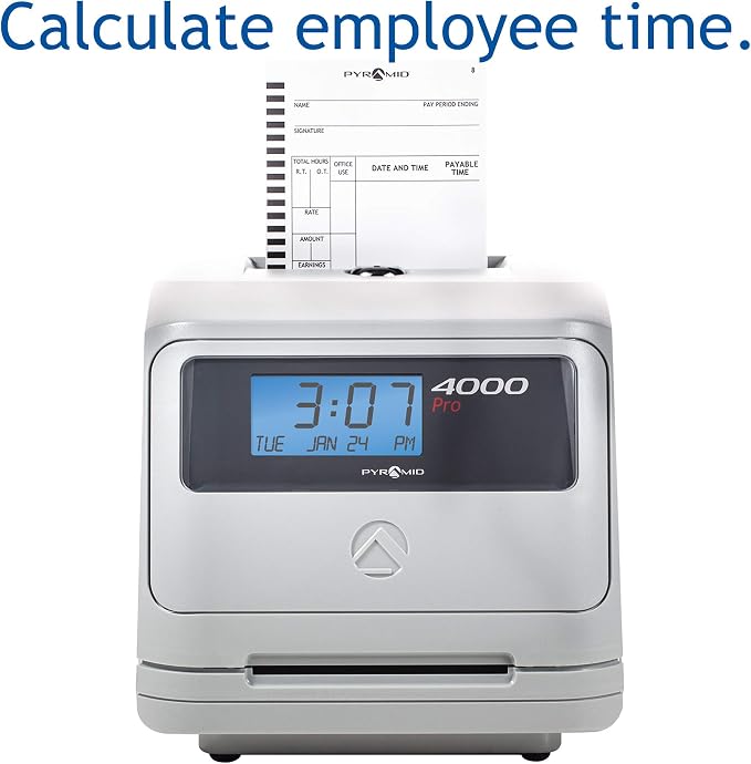 Pyramid Time Systems - Model 4000 Auto Totaling Time Clock - Silver | Electronic Time Punch Clock for Small Business, Includes 25 Time Cards, Ribbon, 2 Security Keys (7.25"h x 7"w x 6.75"d)