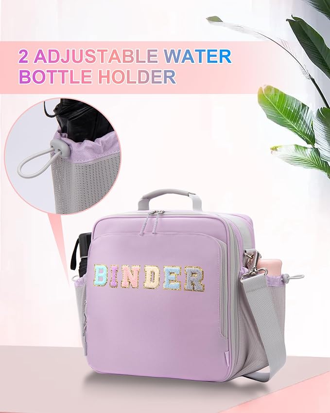 3 Ring Zipper Binder 3 Inch D Rings with Double Water Bottle Holder | Cute Initial Water-Resistant Zip Up Binder for School Office, 700-Sheet Capacity & Shoulder Strap & Laptop Pocket, Purple