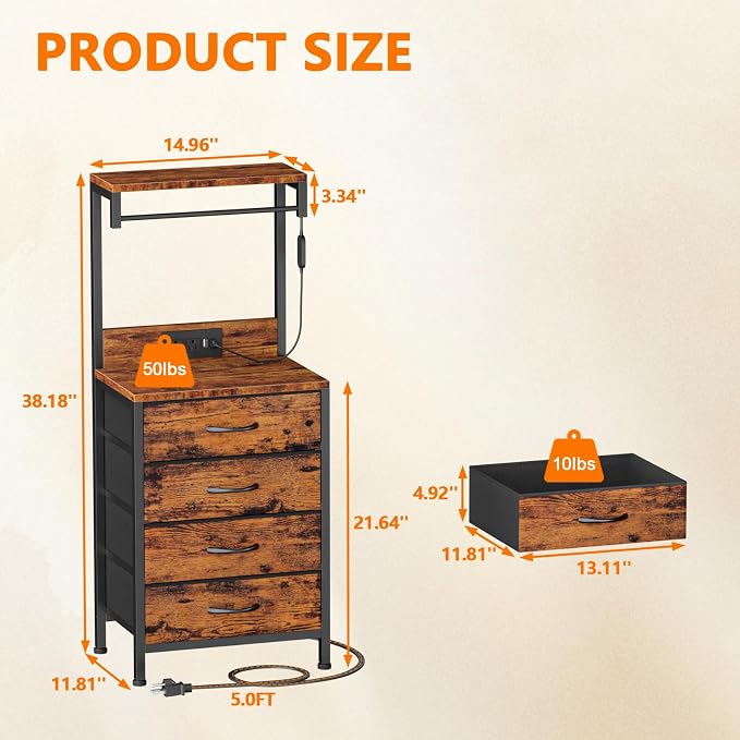 Night Stand with Charger Station, 4 Fabric Drawers and LED Lights | 38'' Tall Bedside Table with Storage Shelf for Bedroom, Office, Metal Frame, Wood Shelves, Rustic Brown Nightstand