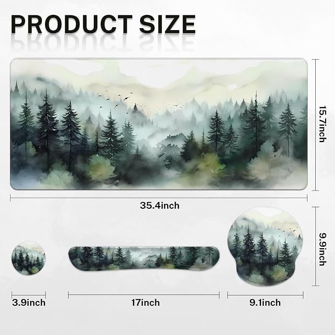 Keyboard Mouse Pad Set, 4 in 1 Desk Mat Set, Mountain Forest | Green Ink Large Mousepad+Keyboard Wrist Rest+Mouse Wrist Rest+Coaster Ergonomic Design for Home Office Computer