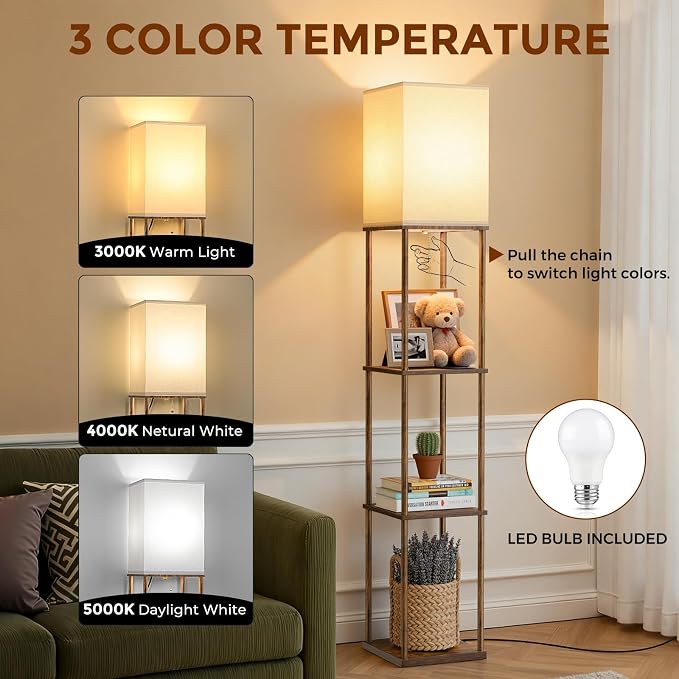 Floor Lamp with Shelves, 3-Tier Square Bookshelf Standing Lamp Rustic Brown | 3 Color Temperature Bulb Included, Modern Pull Chain Tall Lamp for Living Room Bedroom Corner Office Apartment Decor