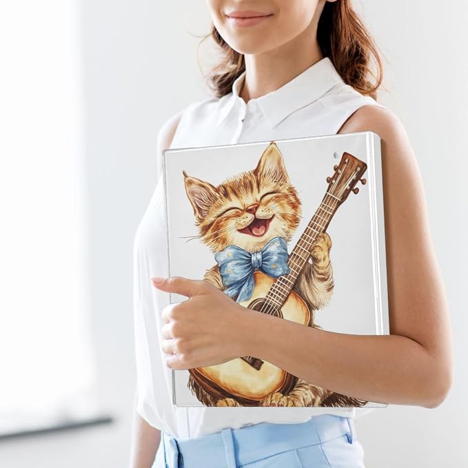 Guitar Player Cute Cat Binder 1.5 Inch Binder with Clipboard&Pockets, Music Kitty Cat Hardcover Binders 3 Ring Heavy Duty Large File Folder for Office School Supplies-Holds 200 Sheets, 2 Pack