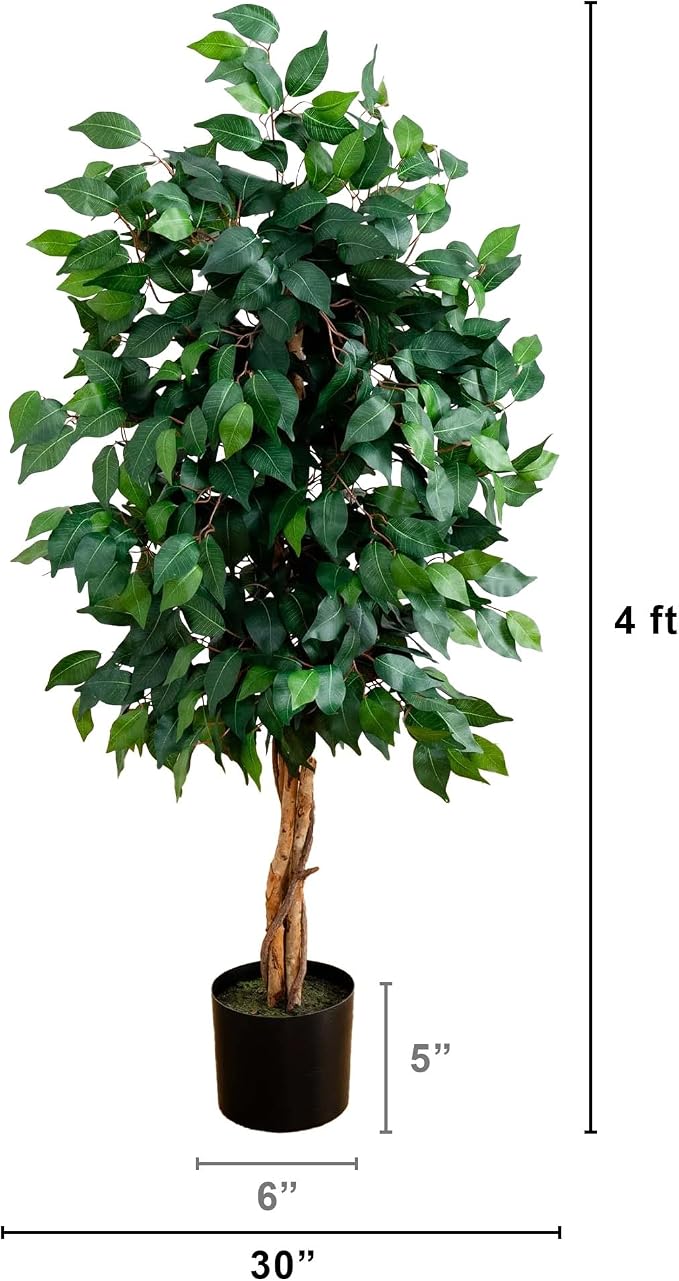 Nearly Natural 4 ft Artificial Triple Trunk Ficus Tree with Pot | Natural Wood Trunks, Silk Tree with Dense Foliage, Mid-Size Faux Floor Plant, Home and Office Decor