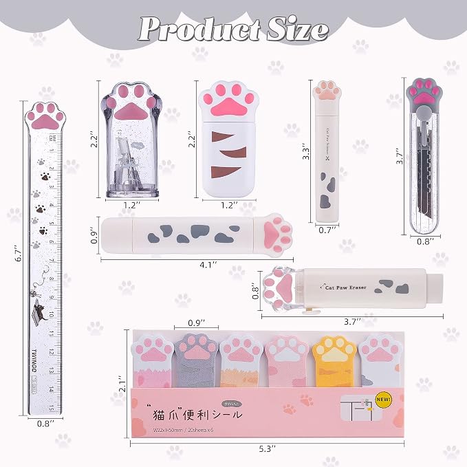 8 Pcs Cute Cat Paw Stationery Set Kawaii School Supplies Including Pencil Sharpener Retractable Eraser Correction Tape Sticky Notes Ruler Mini Scissors Utility Knife for Cat Lovers Students (White)