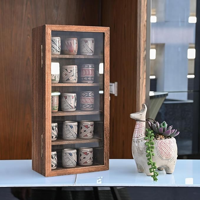 Ikee Design Wood 5 Shelf Wall-Mounted Case Display,Tempered Glass Door | Wall Mounted Wooden Collectible Display Case 5 Shelf Display Storage Accessories with Tempered Glass Door, Brown Color