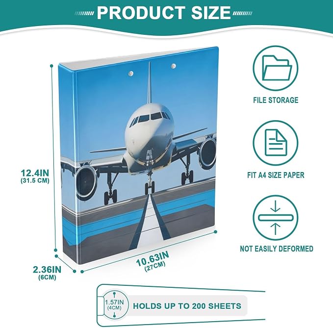3 Ring Binder White Airplane Aircraft 1.5" Round Ring Binders View Binder with 200 Sheet for Kids School Supplies Women Men Office, 1 Pack