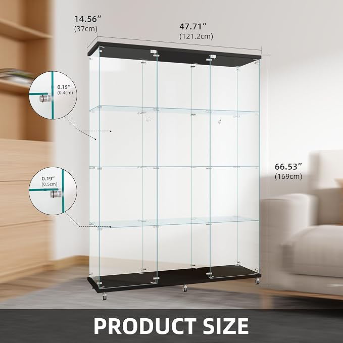 FLYMUHJIA Curio Cabinets with Glass Doors Modern Glass Shelves Tempered Glass Display Cabinet with Lock Figure Display Case (4-Shelf 3-Door, Black)
