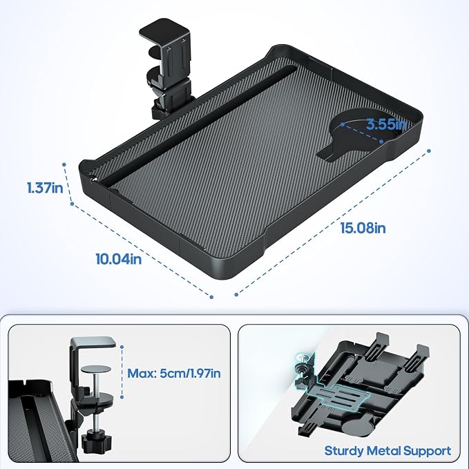 KDD Under Desk Organizer - 360° Rotating Clamp-On Tray with Headphone Hook, Phone & Tablet Holder, Cup Holder, and Cable Management - No Drilling Desk Storage Accessories for Office and Home