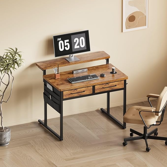 Small Desk with Drawers, 31.5X15.8-22.9 Inches Office Computer Desk with Side Pocket & Ergonomic Monitor Stand, Writing Table for Small Spaces, Bedroom, Kids Desk, Vanity Desk, Rustic Brown