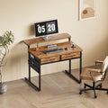 Small Desk with Drawers, 31.5X15.8-22.9 Inches Office Computer Desk with Side Pocket & Ergonomic Monitor Stand, Writing Table for Small Spaces, Bedroom, Kids Desk, Vanity Desk, Rustic Brown