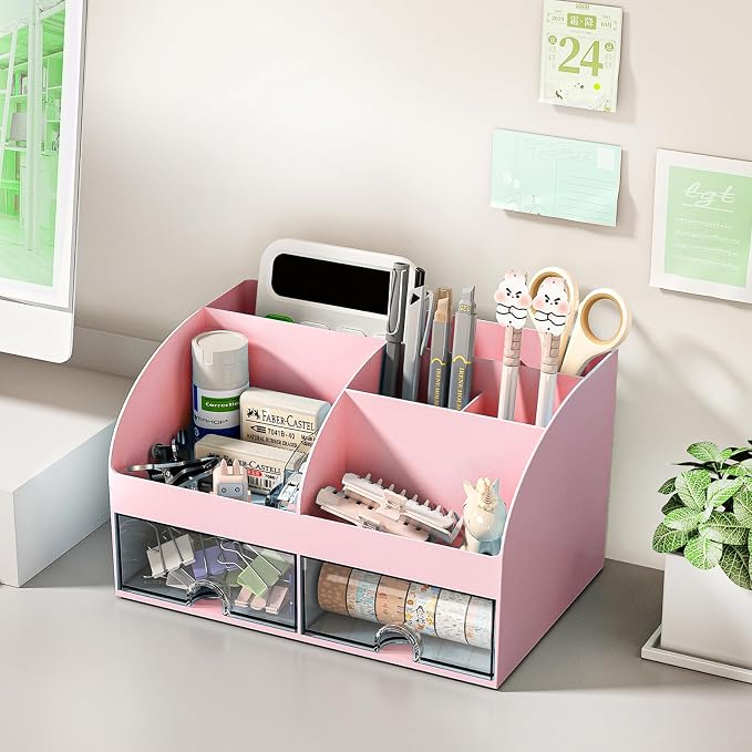 COMFYROOM Desk Organizer with 6 Compartments and 2 Drawers, Plastic Makeup Organizer, Pen Holder for Desktop Storage, Desk Organization for School, Home, Office Supplies Pink-2Pack