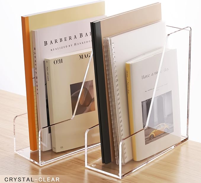 YUXUN Acrylic Magazine File Holders - Clear Desk Organizers | Upright File Folders & Notebook Organizer for Desk, Transparent Magazine Rack for Office Supplies Set of 2