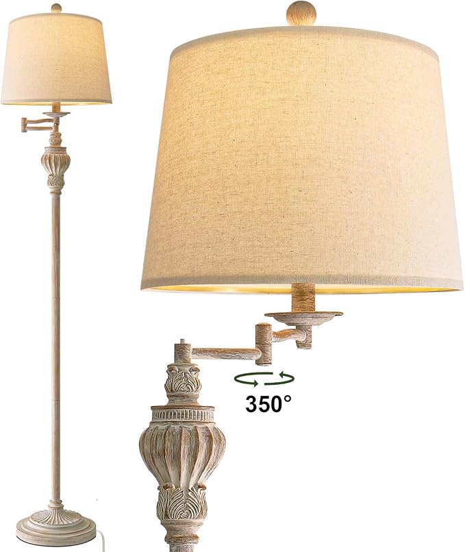 Vintage Floor Lamp with 350° Adjustable Swing Arm 61" Lamps for Living Room | Antique Standing Lamp, Retro White Bedroom Floor Lamp, Mid Century Farmhouse Rustic Traditional Brass Tall Swivel Pole Lamp