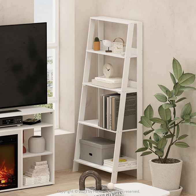Furinno Ladder Bookcase Display Shelf, 5-Tier, White | 13 x 23.6 x 53.5, Open Frame Design Bookshelf, Display Storage Shelves, for Living Room, Home Office