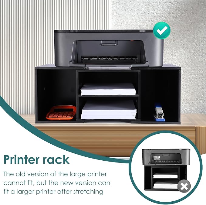 EMERIT Large Printer Stand, Adjustable Printer Table with Storage, 2-Tier Printer Riser Desktop Paper Organizer Shelf for Home Office, 23'' x 12.3'' x 8.7'' (Black)
