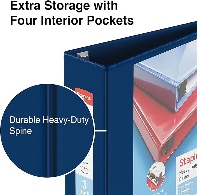 Staples Heavy‑Duty View Binder, 3" D‑Ring, Blue, Reinforced Spine, High‑Capacity 3‑Ring Binder for School & Office Organization