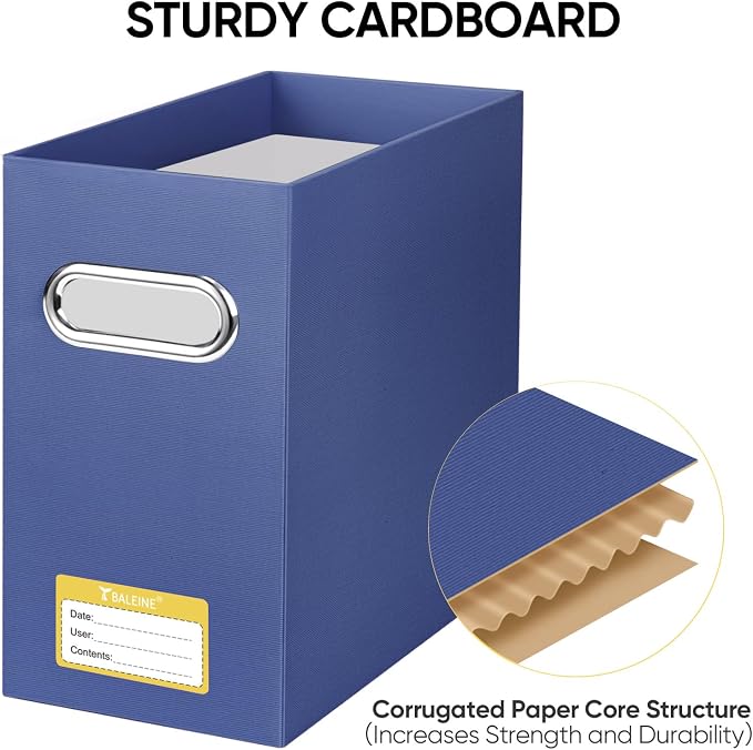 BALEINE 4PK File Organizer Box, Cardboard File Folder Organizer with Handle | Strong Corrugated Paper Core, Label Stickers for Identification, Hanging File Folder Organizer, Home Office Document Storage