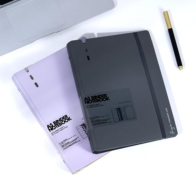 CAGIE A5 Binder 6 Ring Refillable Notebook with Dividers & Pockets | Daily Planning Square Ruled and Dotted Pages, Refill Paper Included, 6.89 x 9.25 In (Grey & Purple, A5 Daily & Dot Page)