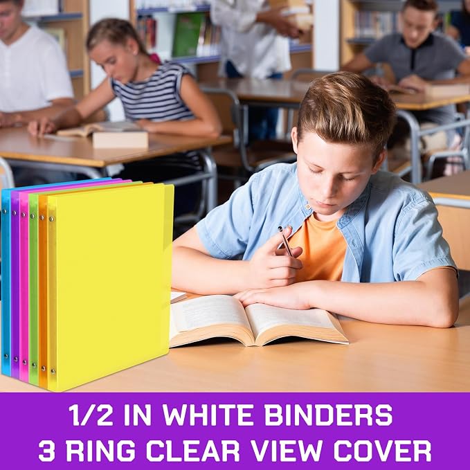 Fulmoon 6 Pack 0.5 Inch Plastic 3 Ring Binders with Pockets, Neon Colors | Flexible Covers with Round Rings and Front Pockets for Organizing Papers at School, Office, Meetings and Presentations