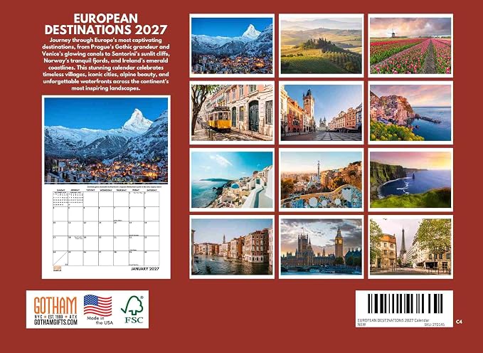 Europe Calendar 2027 European Destinations Travel Monthly Wall Calender 12 Month