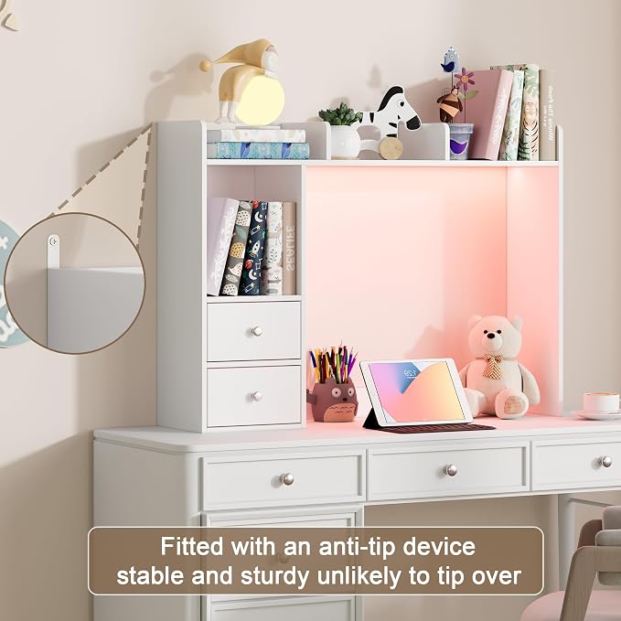 ChooChoo Desktop Bookshelf with LED Lights and 4 Shelves | 36.6", 2 Drawers, Fits 27" Monitor, Desk Organizer Shelf, Dorm Office Home, White